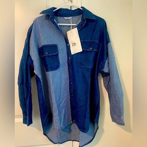 Super cool asymmetrical design denim button down shirt. UNISEX